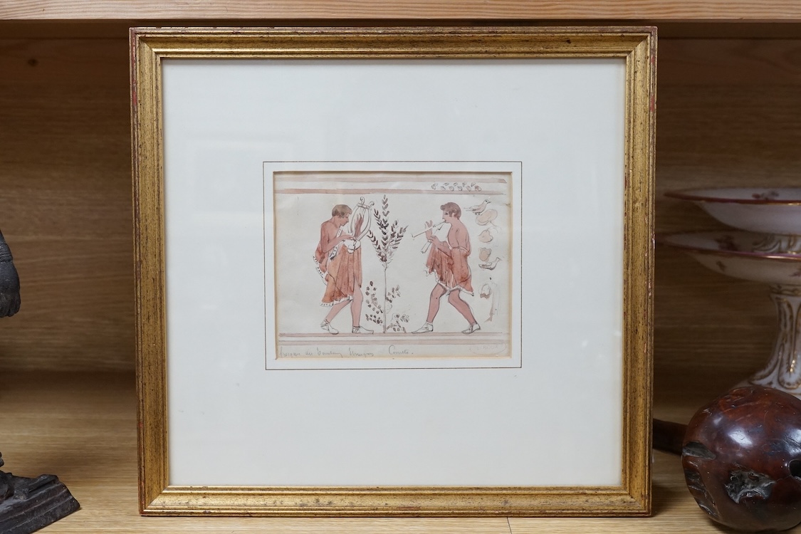 Emile Roux (1822-1915), watercolour, Classical figures playing instruments, inscribed in pencil with artist's studio stamp, Abbott & Holder gallery label verso, 12 x 15cm. Condition - fair to good